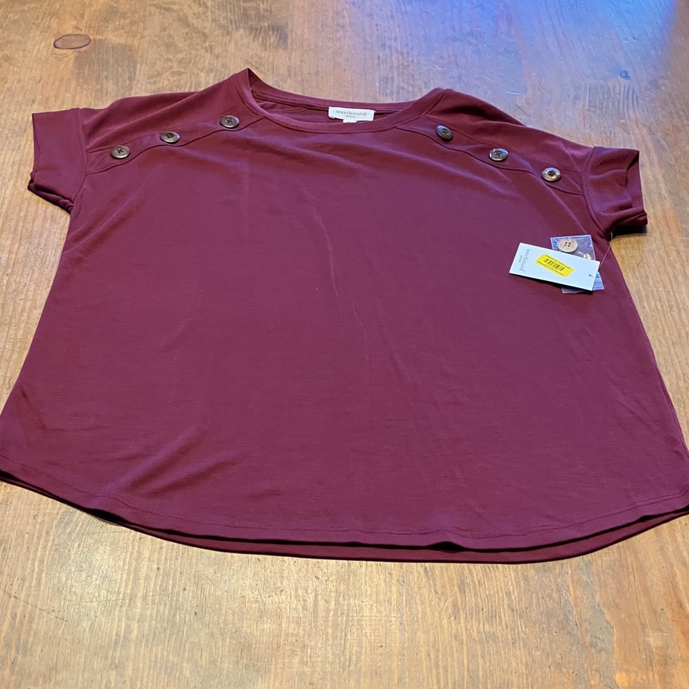 Westbound Maroon Short Sleeve Top with Button Accents